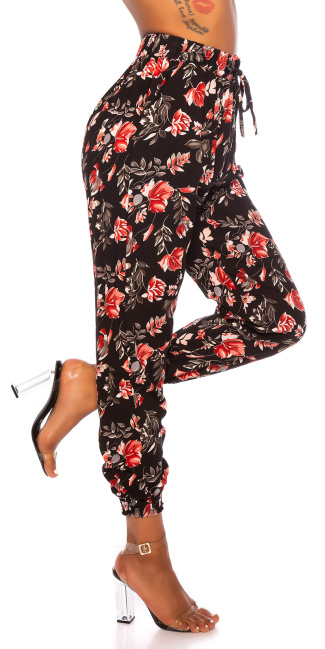 Trendy hoge taille broek met bloemen-print zwart